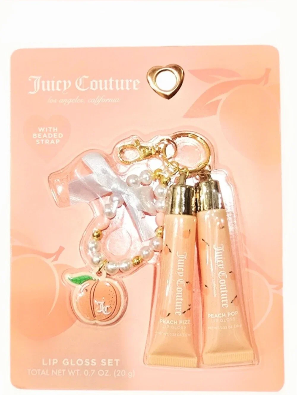 Juicy Couture Peach Lip Gloss Duo w/Beaded Charm Strap